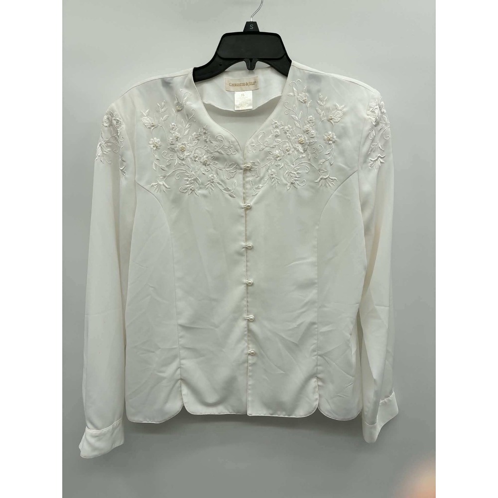 Christie & Jill Blouse Womens 16 Ivory Floral Embroidered Beaded Button Front